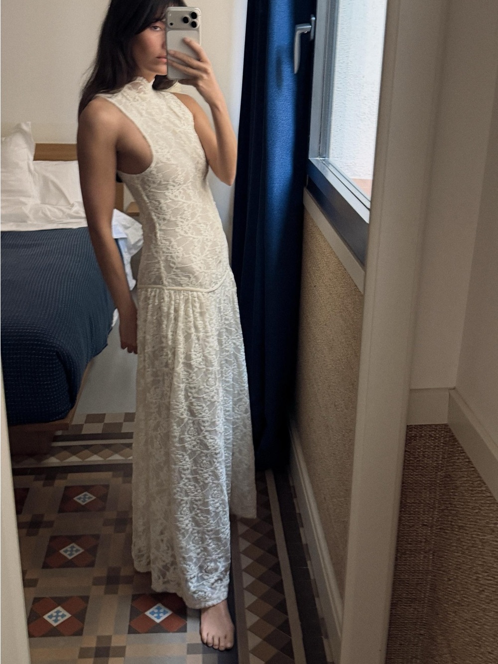 ZARA NWT Ecru Lace Maxi Dress Size S Sheer Mock Neck Wedding Bridal Boho - Picture 2 of 15